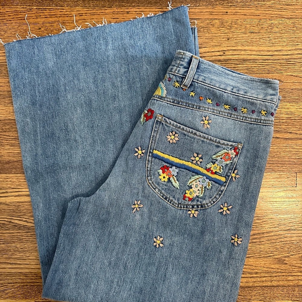 Free People Embroidered Wide Leg Crop Denim